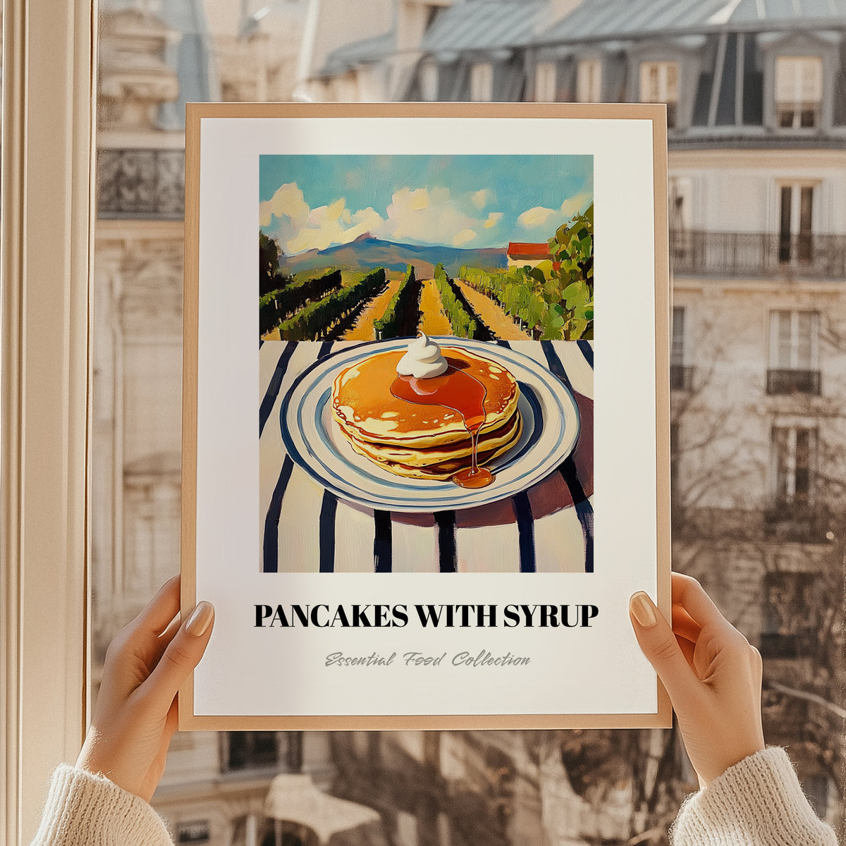 Pancakes With Syrup – Hilltop Table Scene, American Pastry Still Life, styled in a charming Paris street view