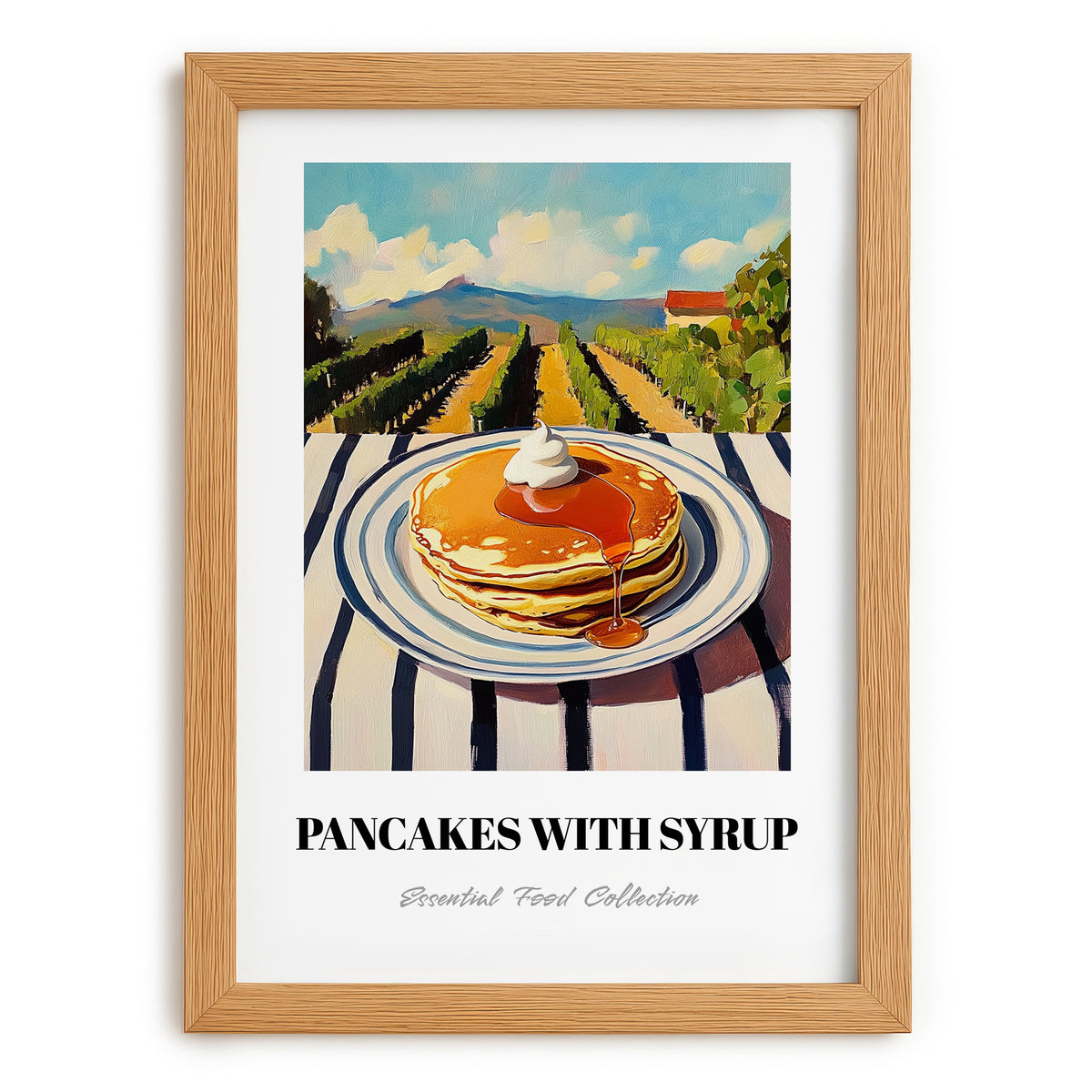 Pancakes With Syrup – Hilltop Table Scene, American Pastry Still Life, set in oak frame