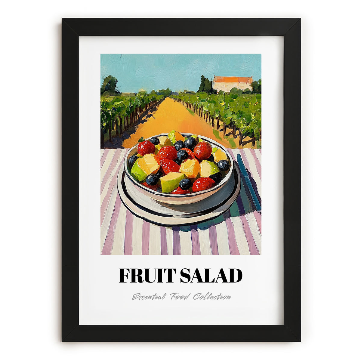 Fruit Salad – Hilltop Table Scene, American Food Wall Decor, in sleek black frame