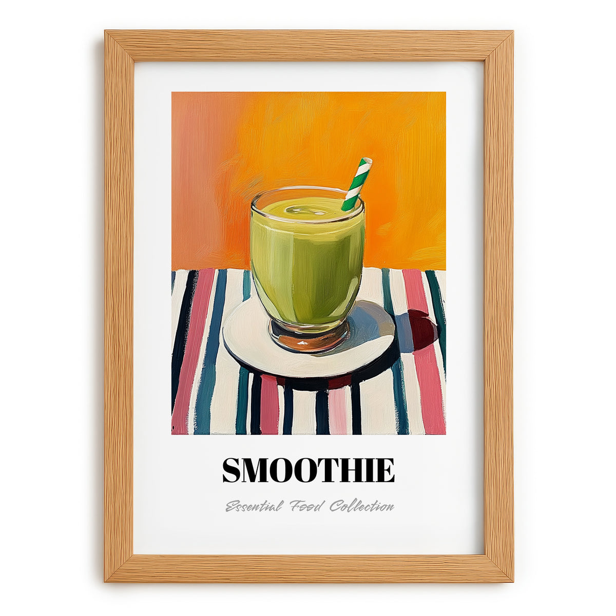 Smoothie – on Striped Tablecloth, American Drink Print, set in oak frame