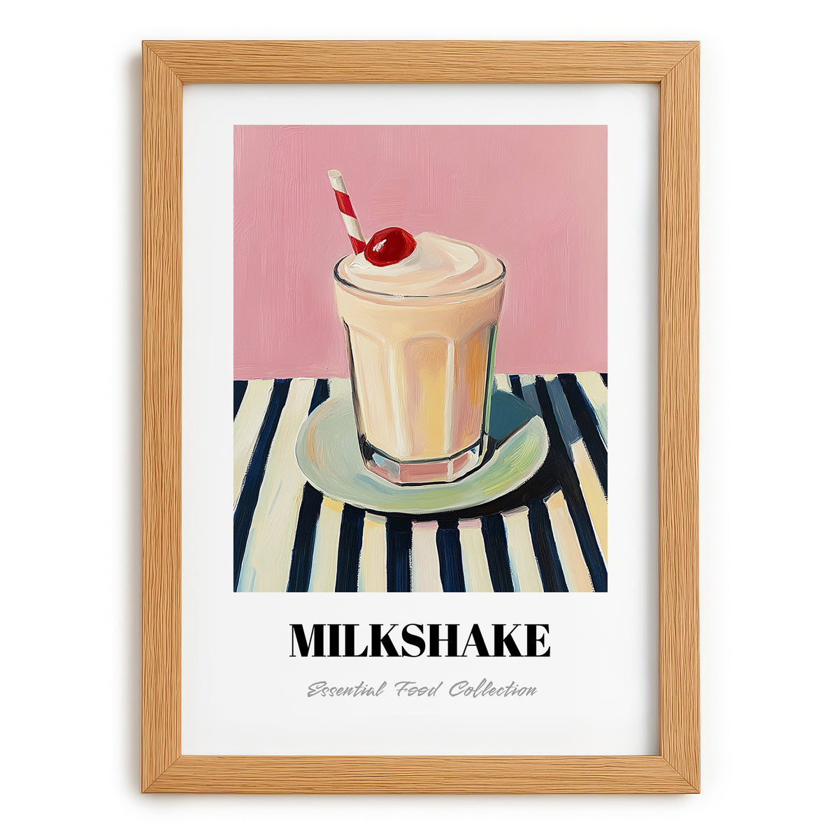 Milkshake – on Striped Tablecloth, American Drink Illustration, set in oak frame