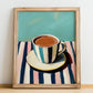 Hot Chocolate – on Striped Tablecloth, Swiss Drink Still Life, no-text version framed in wood