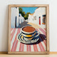 Hot Chocolate – White village Café on the Corner, Swiss Drink Still Life, no-text version framed in wood
