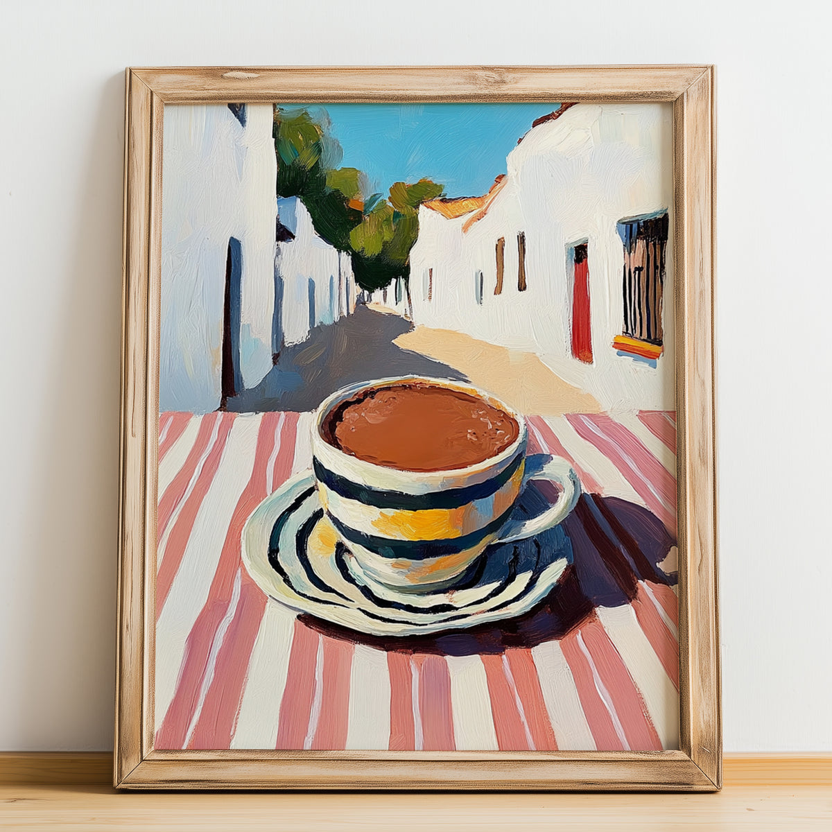 Hot Chocolate – White village Café on the Corner, Swiss Drink Still Life, no-text version framed in wood