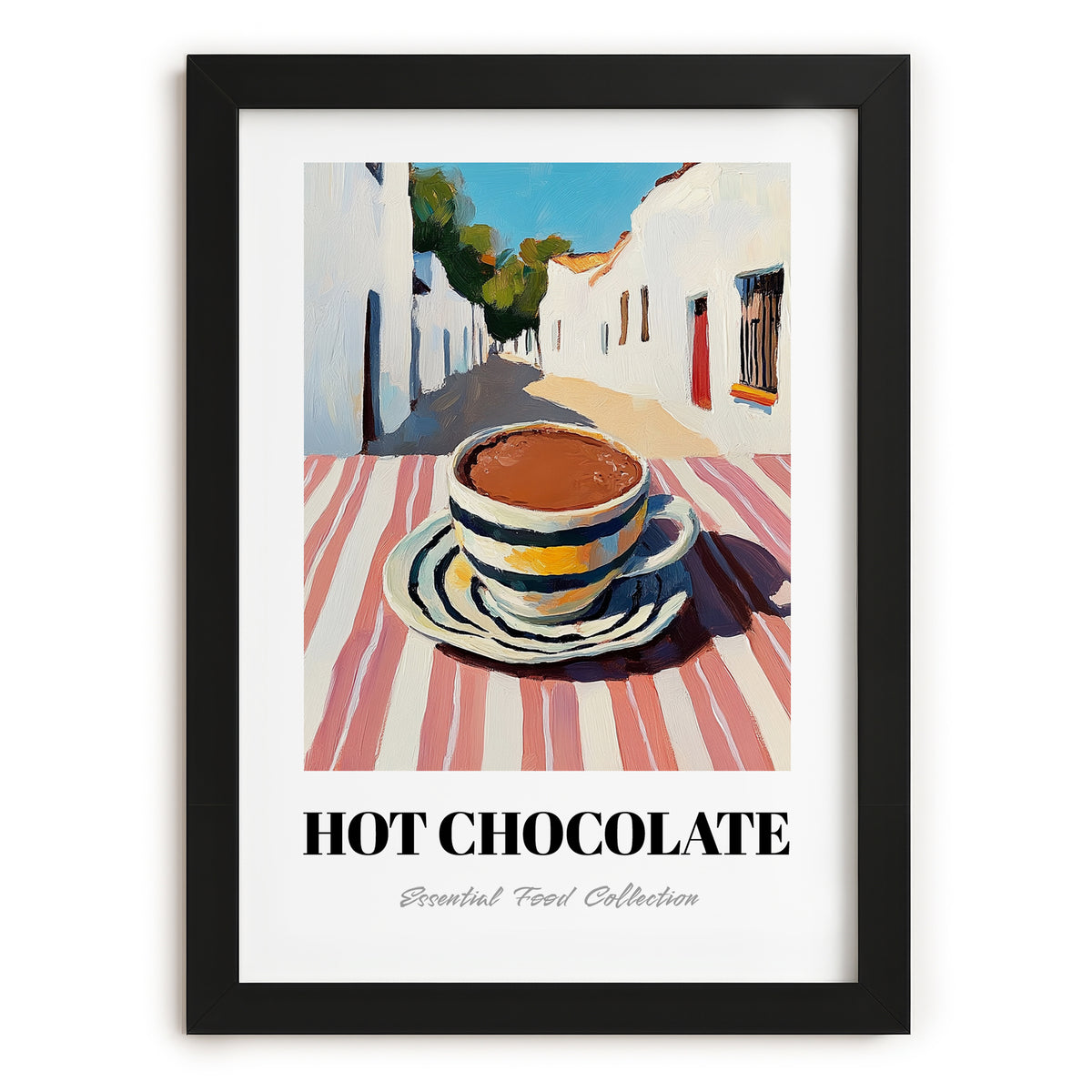 Hot Chocolate – White village Café on the Corner, Swiss Drink Still Life, in sleek black frame