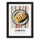 Ciabatta – on Striped Tablecloth, Italian Pastry Painting, in sleek black frame