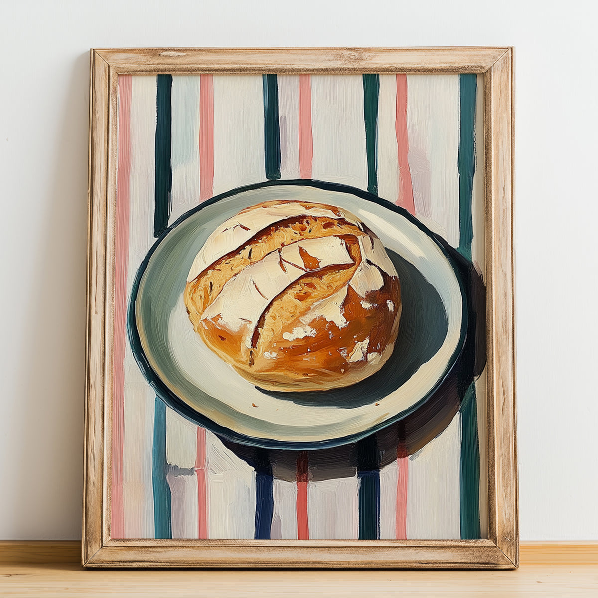 Sourdough – on Striped Tablecloth, American Food Still Life, no-text version framed in wood