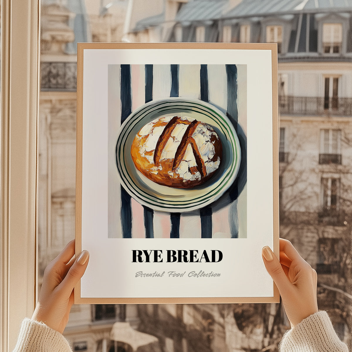 Rye Bread – on Striped Tablecloth, German Food Illustration, styled in a charming Paris street view