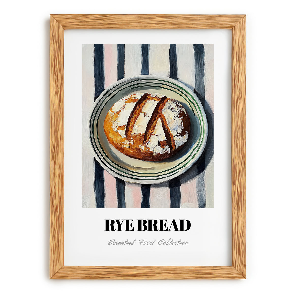 Rye Bread – on Striped Tablecloth, German Food Illustration, set in oak frame