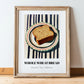 Whole Wheat Bread – on Striped Tablecloth, American Food Wall Art, in wooden frame leaning on the floor