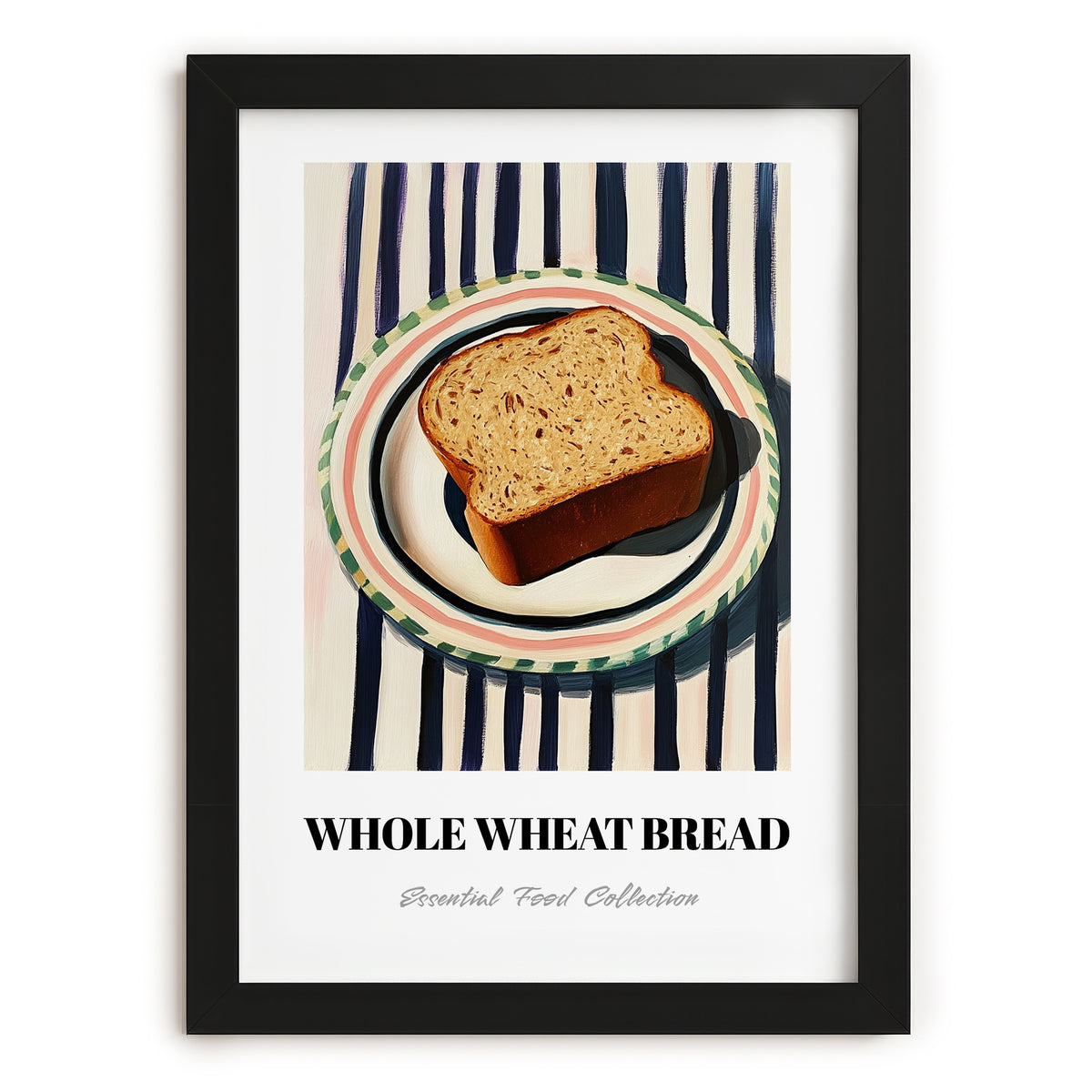 Whole Wheat Bread – on Striped Tablecloth, American Food Wall Art, in sleek black frame