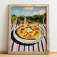 Focaccia – Hilltop Table Scene, Italian Food Illustration, no-text version framed in wood