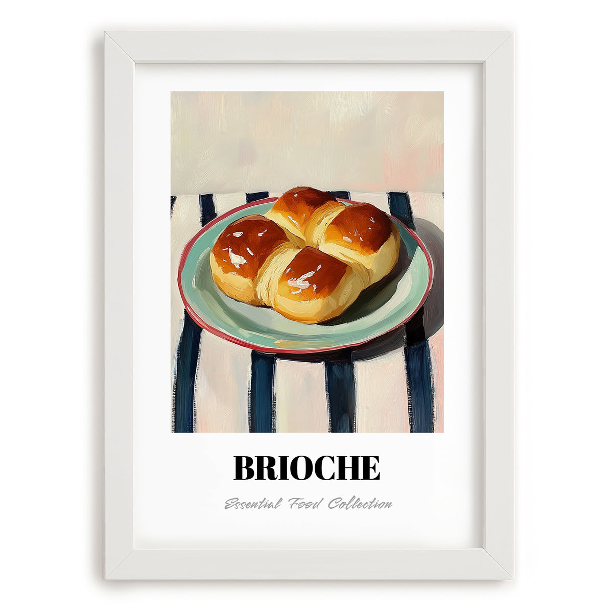 Brioche – on Striped Tablecloth, French Pastry Painting, placed in minimal white frame