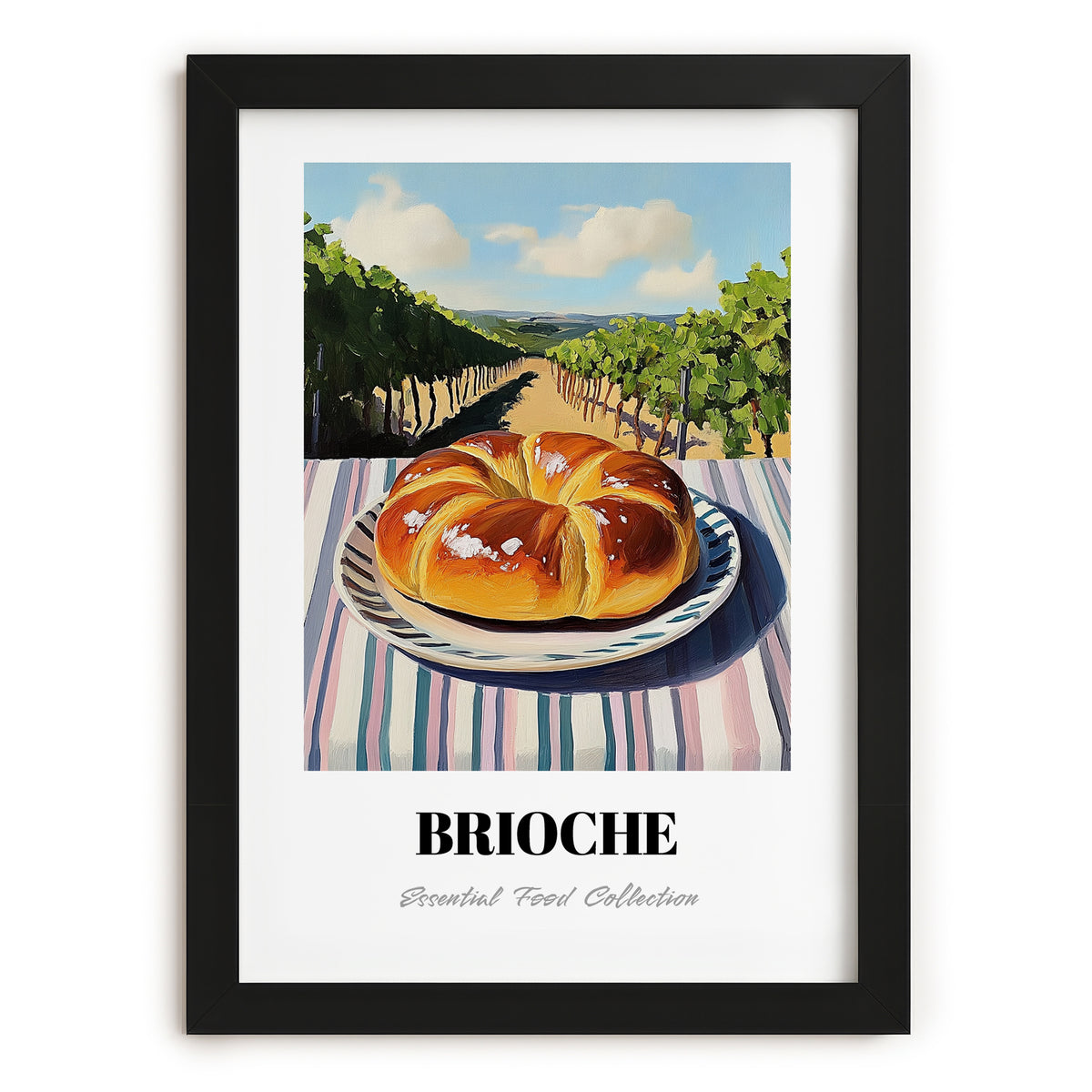 Brioche – Hillside Café View, French Pastry Wall Decor, in sleek black frame