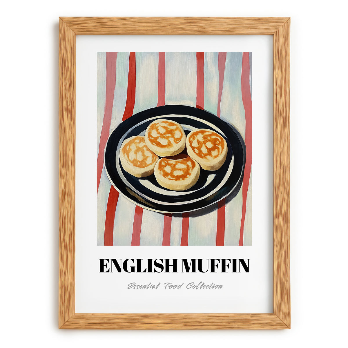 English Muffin – on Striped Tablecloth, British Pastry Still Life, set in oak frame