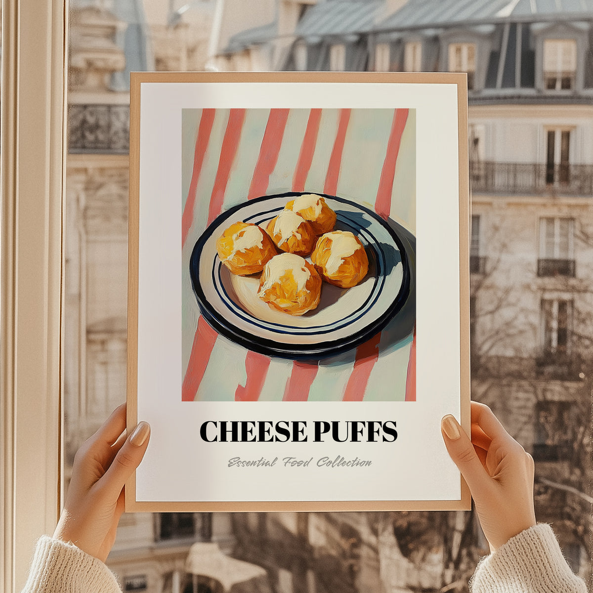 Cheese Puffs – on Striped Tablecloth, American Cheese Painting, styled in a charming Paris street view
