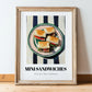 Mini Sandwiches – on Striped Tablecloth, British Food Wall Art, in wooden frame leaning on the floor