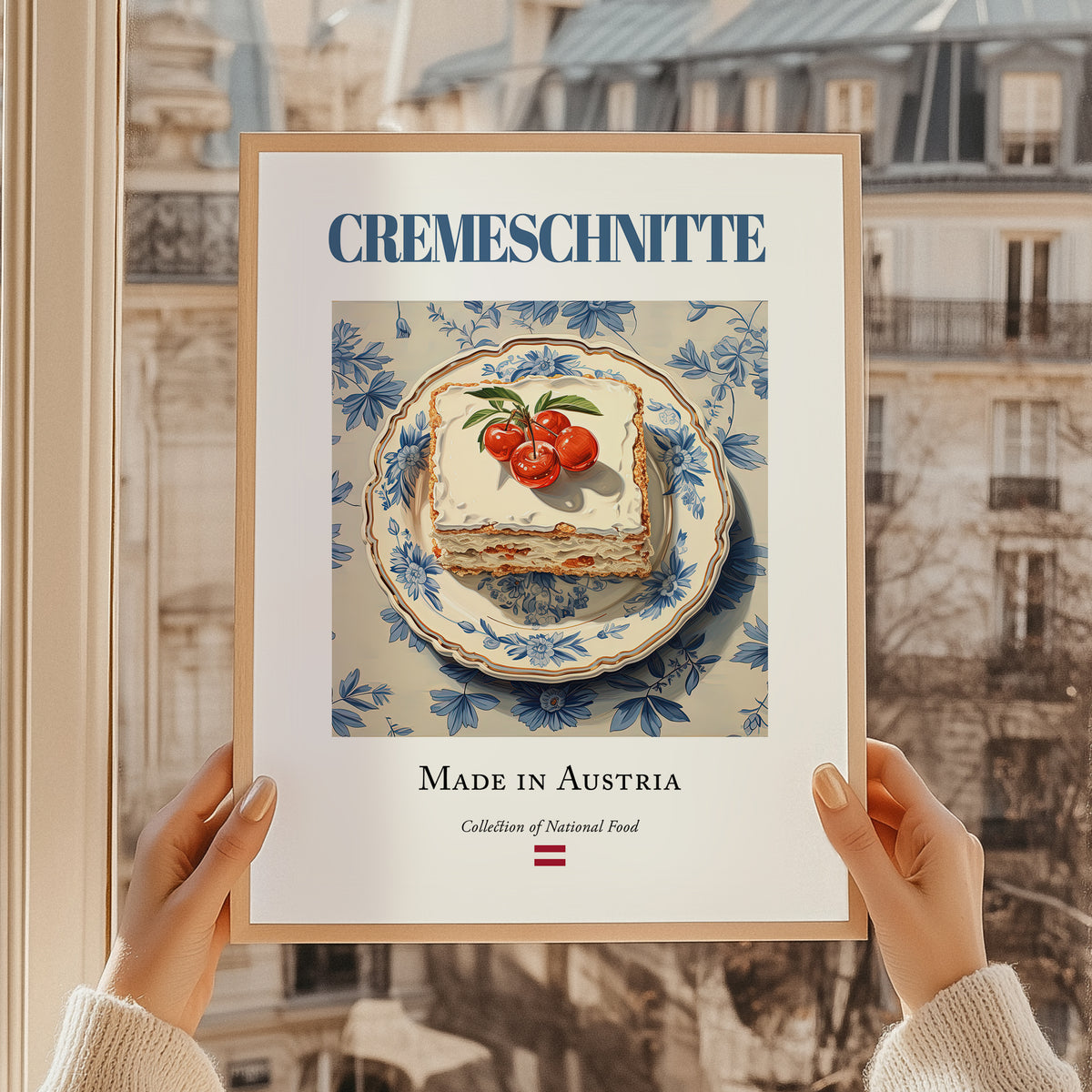 Cremeschnitte – Austrian Dessert Dish, Café Illustration, styled in a charming Paris street view