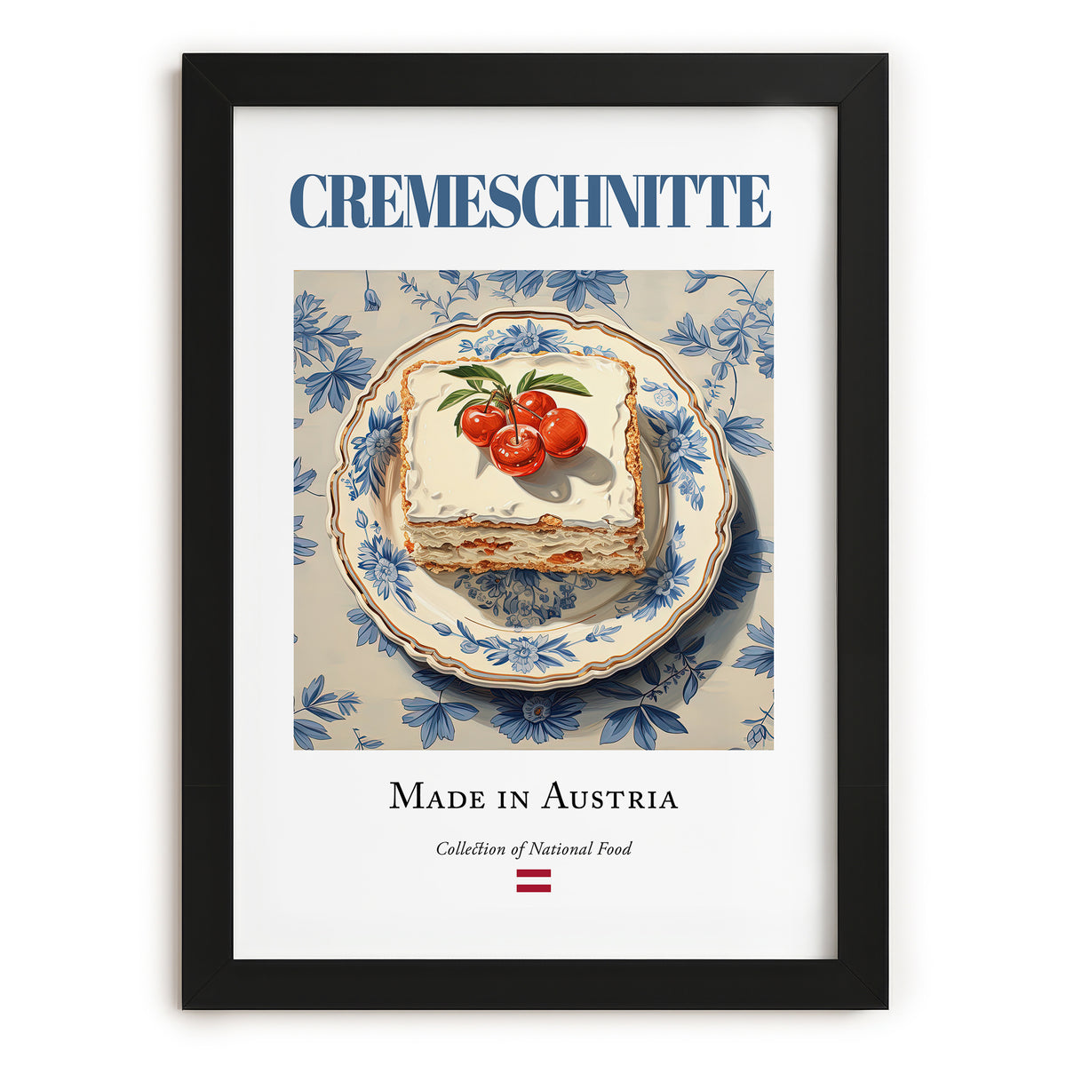 Cremeschnitte – Austrian Dessert Dish, Café Illustration, in sleek black frame