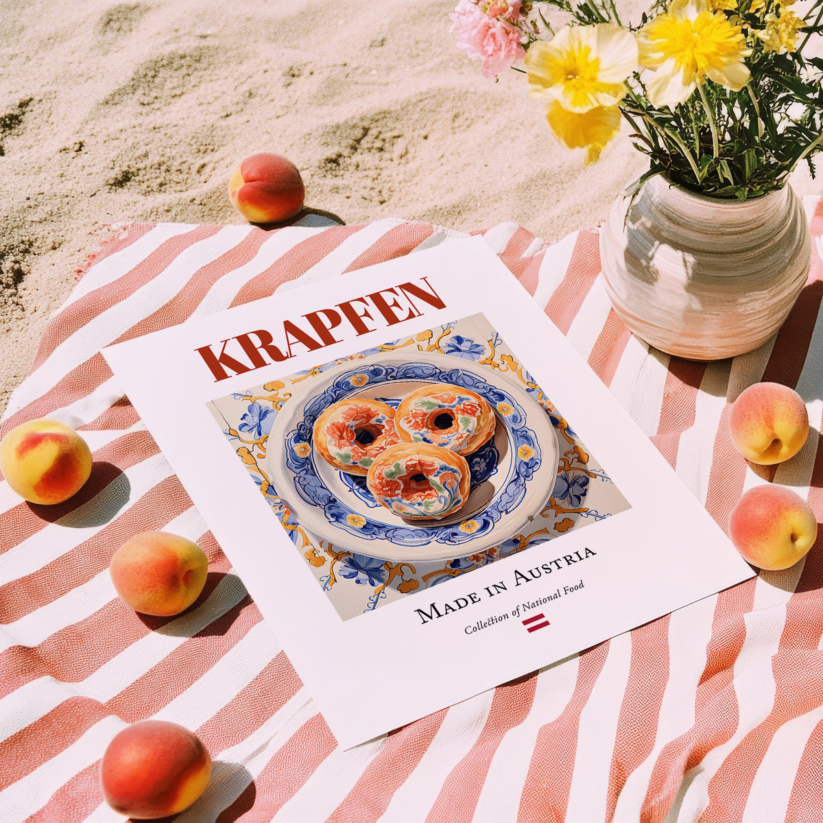 Krapfen – Austrian Dessert Dish, Bistro Illustration, unframed on coastal sand