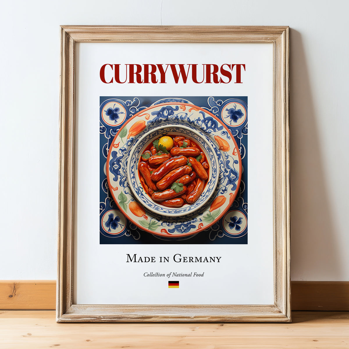 Currywurst – German Meat Dish, Food Bar Wall Art, in wooden frame leaning on the floor