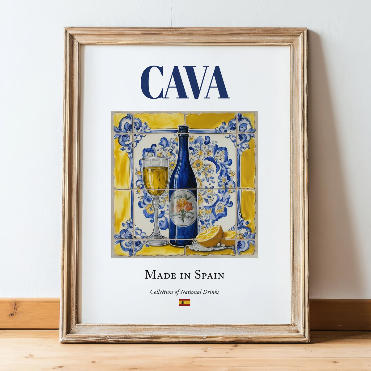 Cava – Spanish Sparkling Wine, Wine Bar Print, in wooden frame leaning on the floor