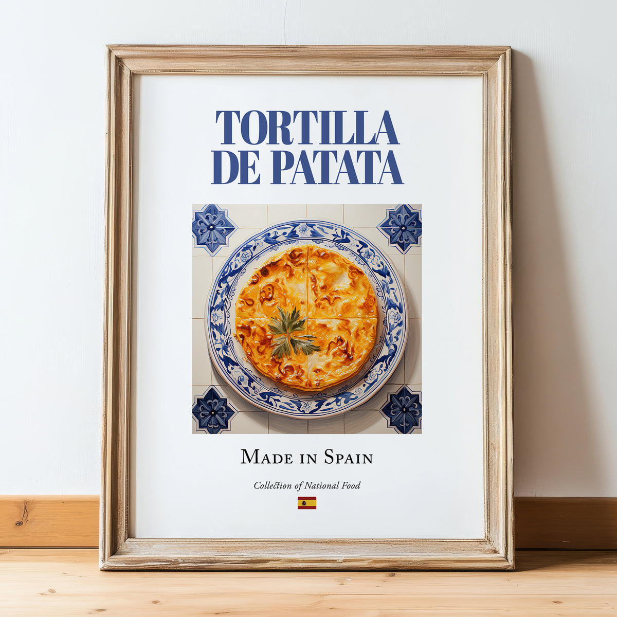Tortilla de patata – Spanish Dish, Bistro Poster, in wooden frame leaning on the floor