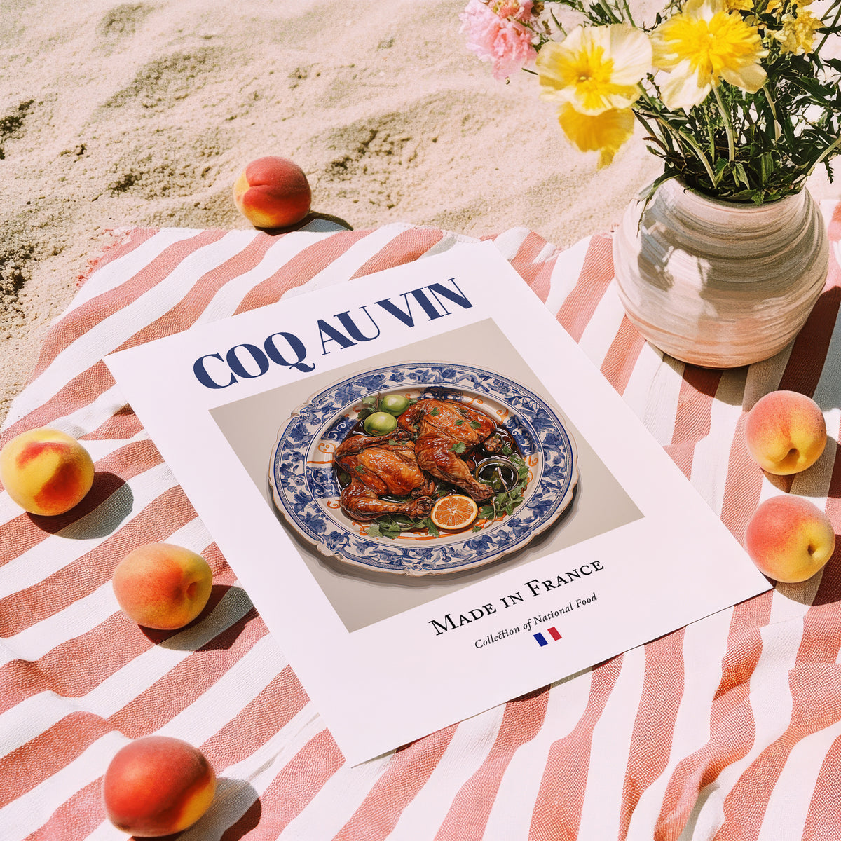 Coq au vin – French Stew Dish, Tavern Poster, unframed on coastal sand