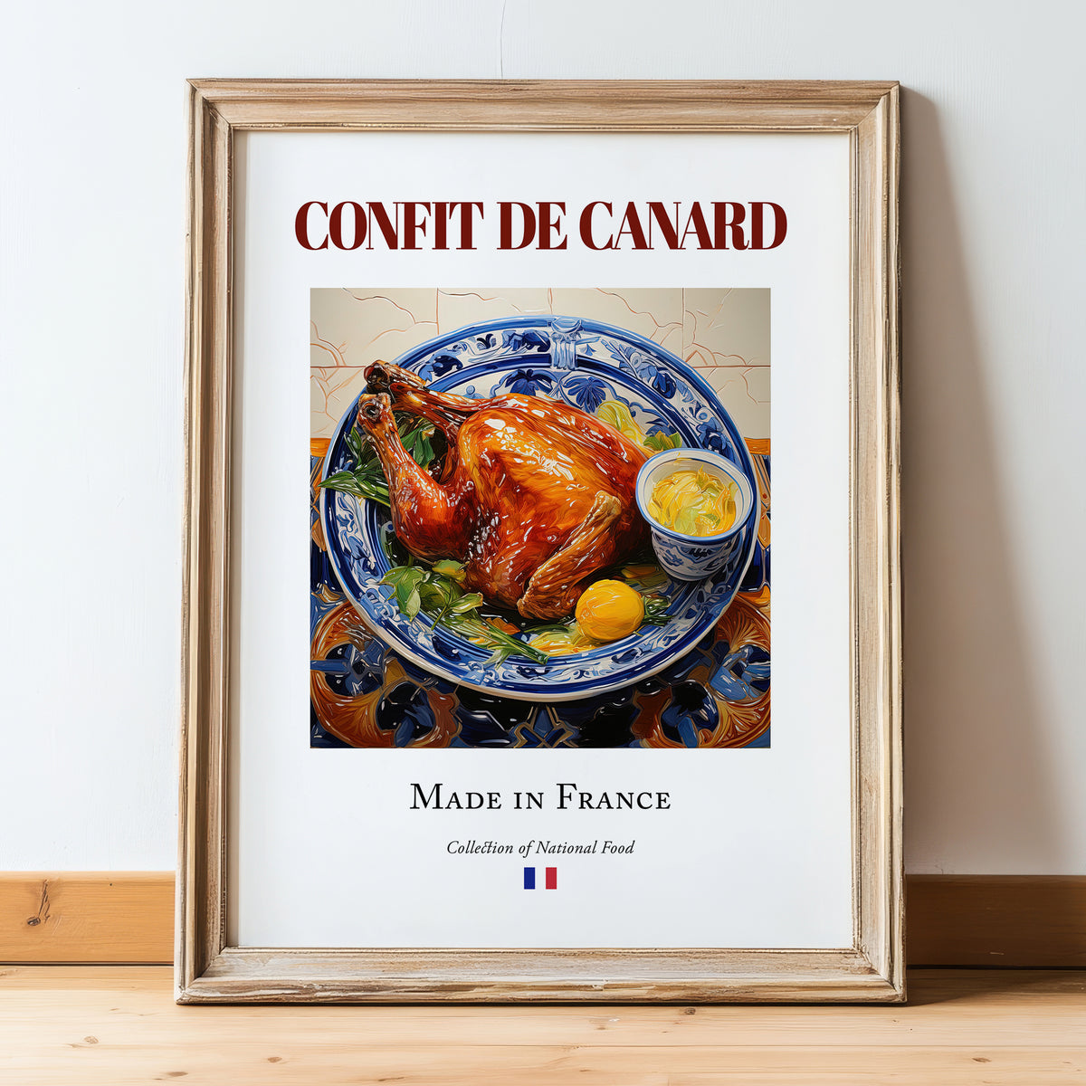 Confit de canard – French Meat Dish, Farmhouse Kitchen Wall Decor, in wooden frame leaning on the floor