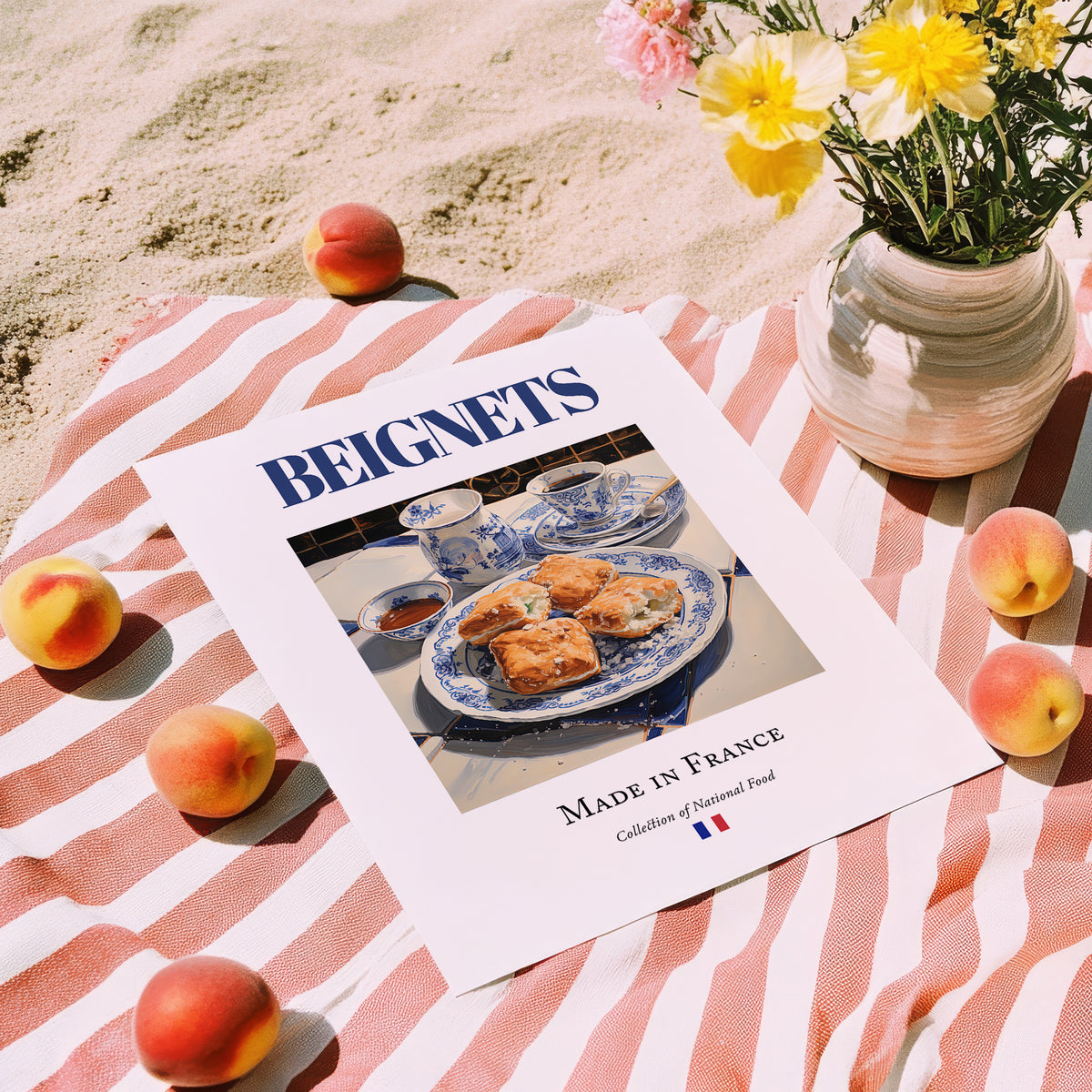 Beignets – French Dessert Dish, Brasserie Wall Art, unframed on coastal sand