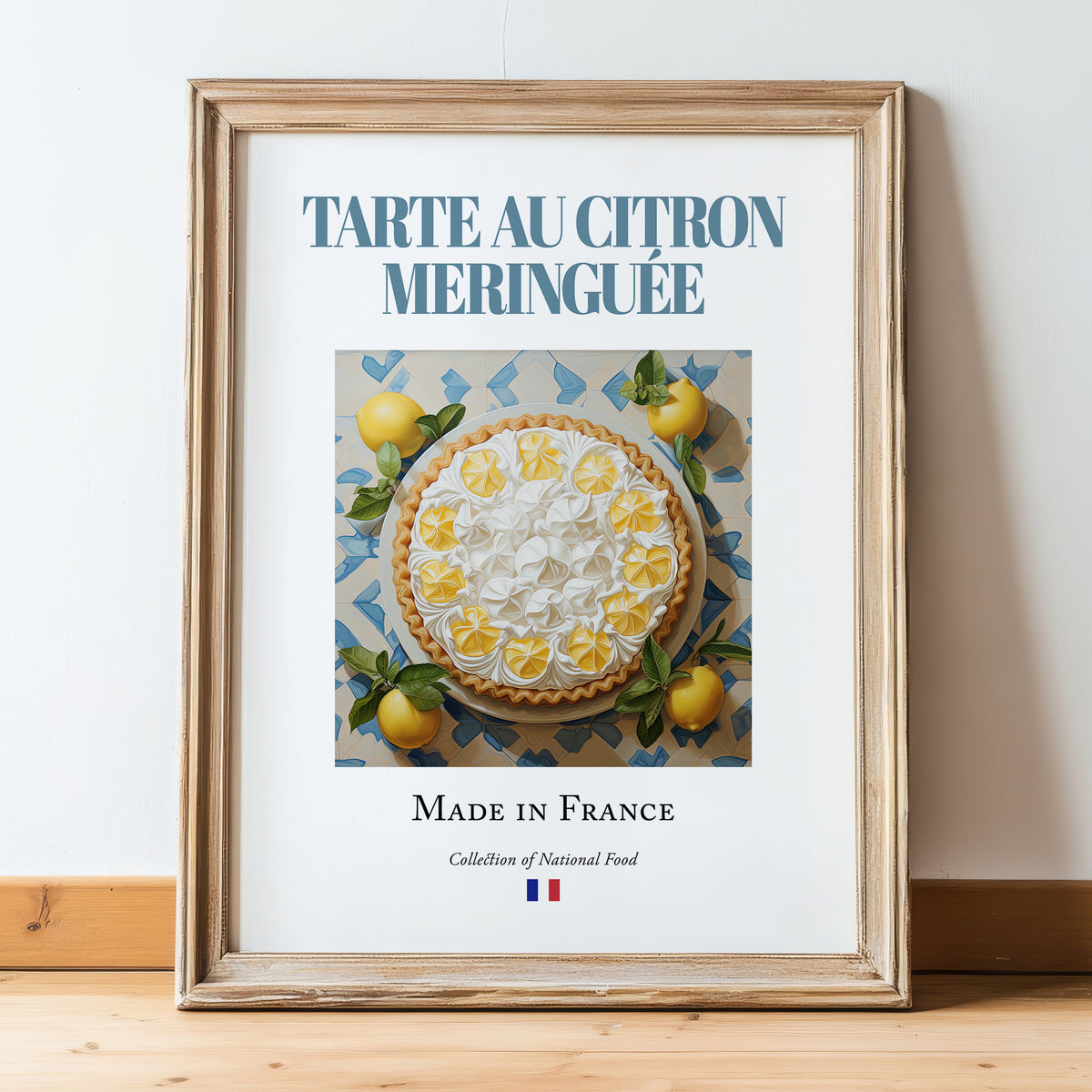 Lemon Meringue Pie – French Dessert Dish, Restaurant Poster, in wooden frame leaning on the floor