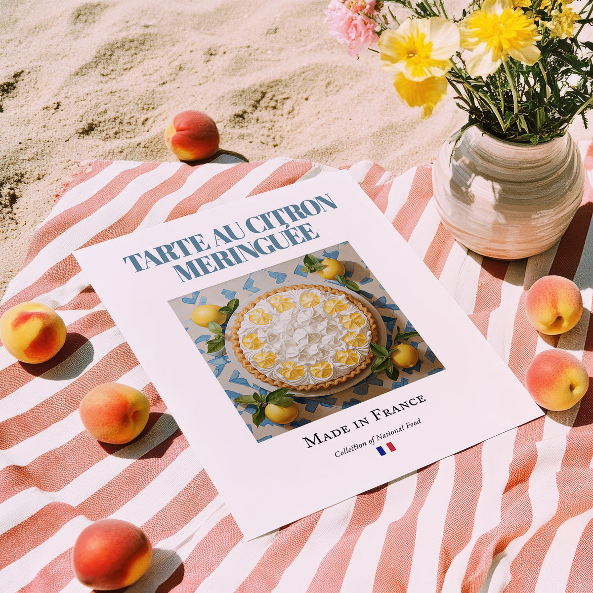 Lemon Meringue Pie – French Dessert Dish, Restaurant Poster, unframed on coastal sand