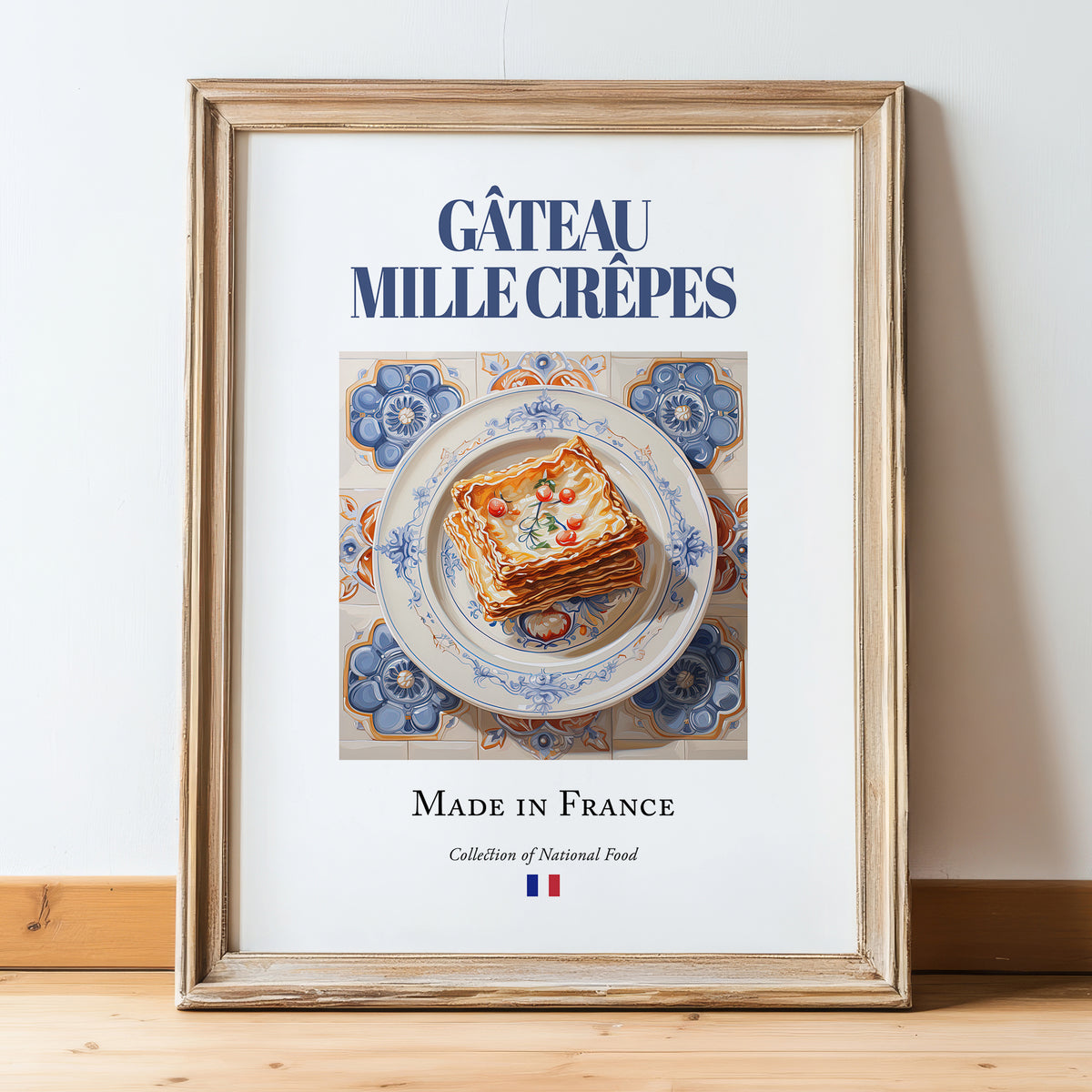 Gâteau mille crêpes – French Dessert Dish, Bistro Wall Decor, in wooden frame leaning on the floor