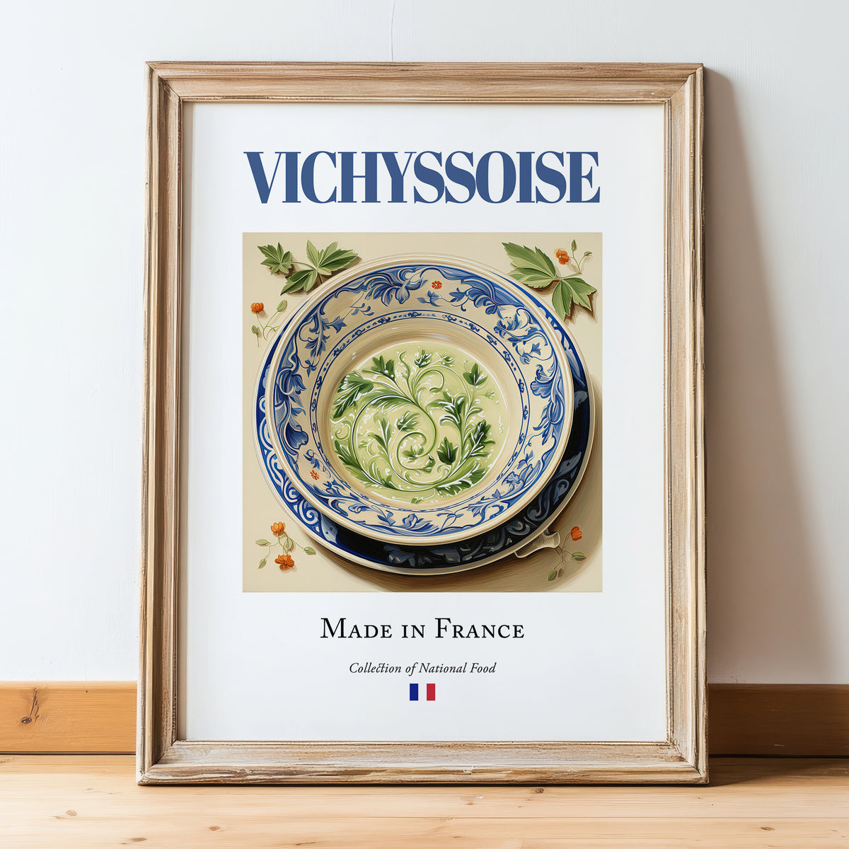Vichyssoise – French Soup Dish, Restaurant Art, in wooden frame leaning on the floor