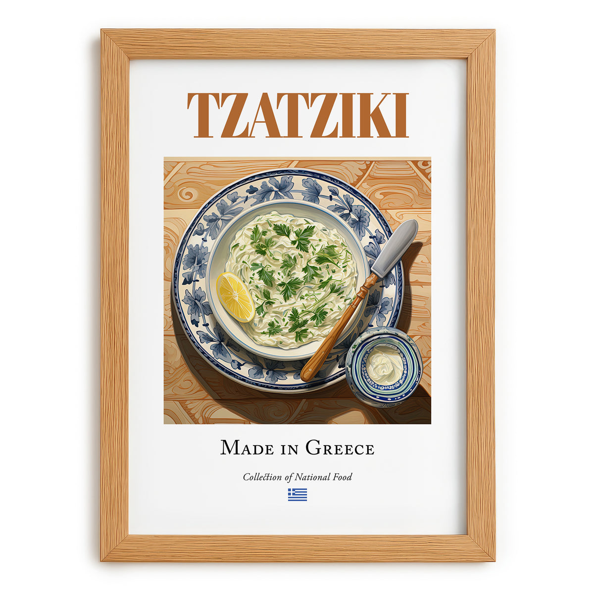 Tzatziki – Greek Dip Dish, Tavern Art, set in oak frame