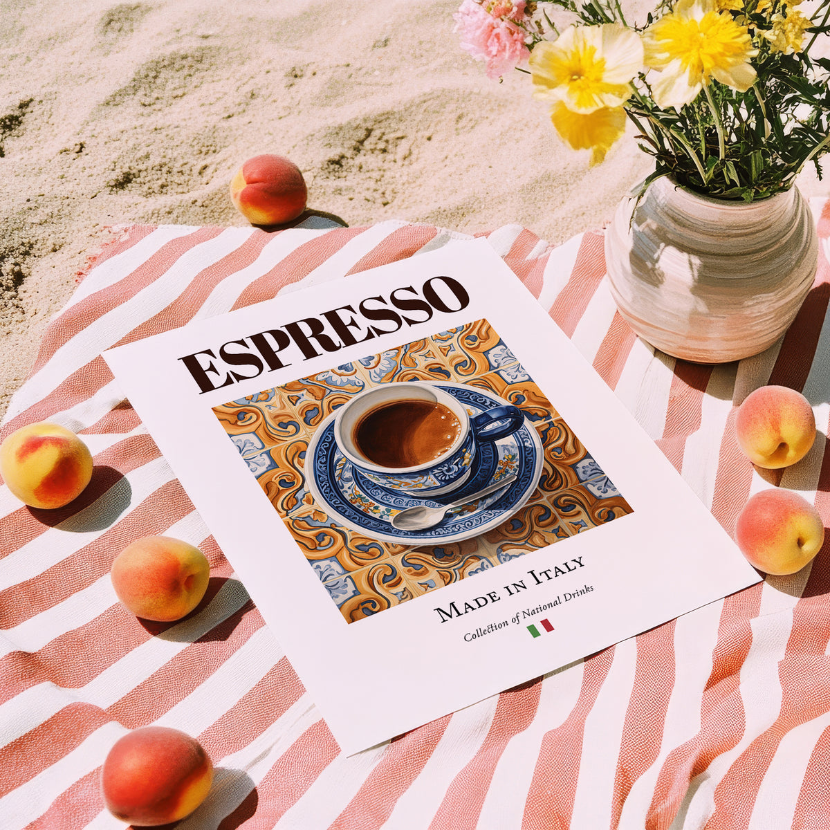 Espresso – Italian Coffee, Street Café Print, unframed on coastal sand