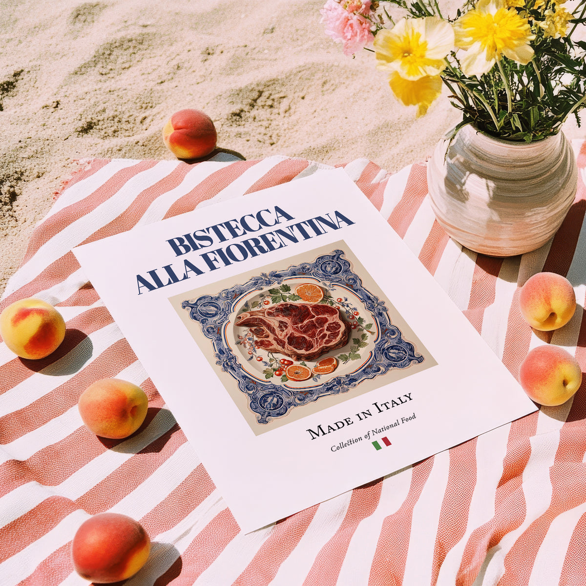 Bistecca alla Fiorentina – Italian Meat Dish, Fine Dining Restaurant Poster, unframed on coastal sand