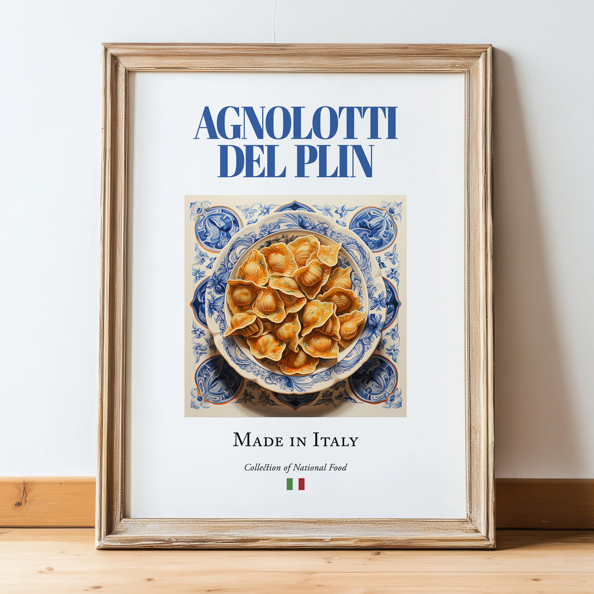 Agnolotti del plin – Italian Pasta, Osteria Illustration, in wooden frame leaning on the floor