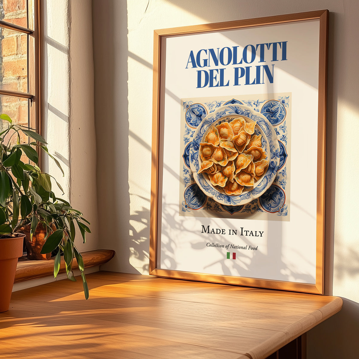 Agnolotti del plin – Italian Pasta, Osteria Illustration, no-text version framed in wood