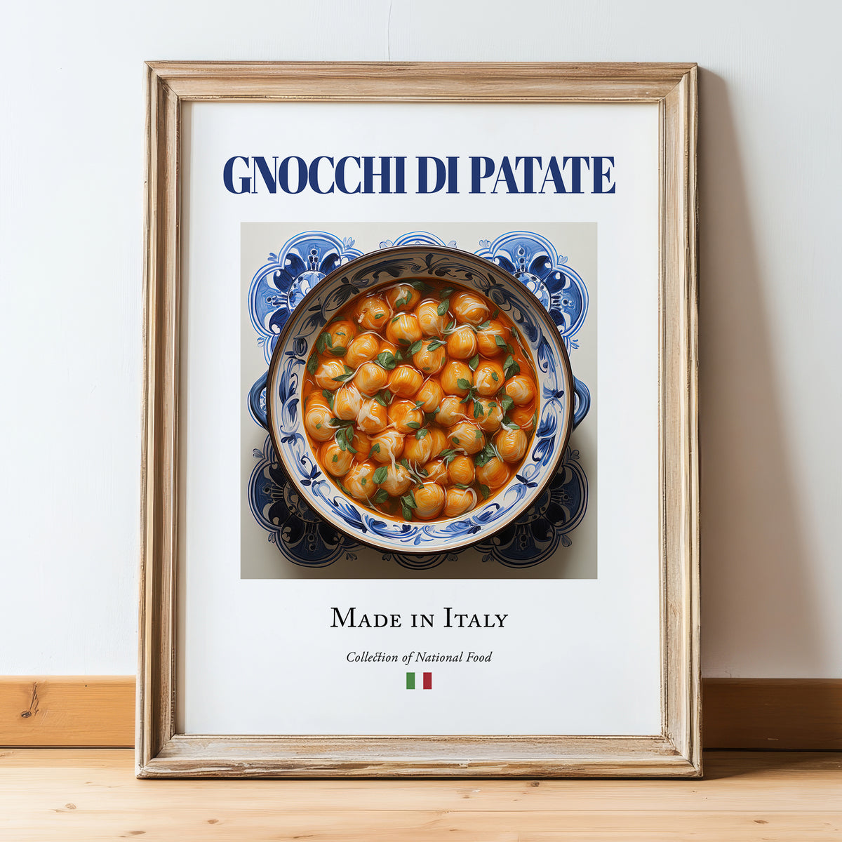 Gnocchi di Patate – Italian Dish, Café Still Life, in wooden frame leaning on the floor