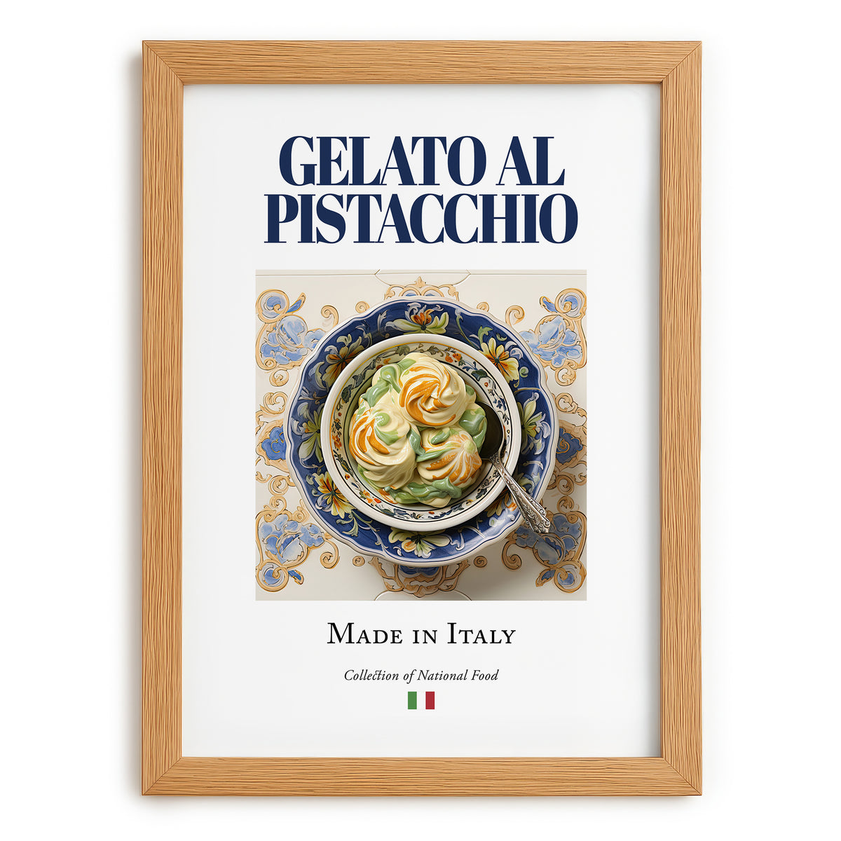 Gelato al pistacchio – Italian Dessert Dish, Brasserie Print, set in oak frame