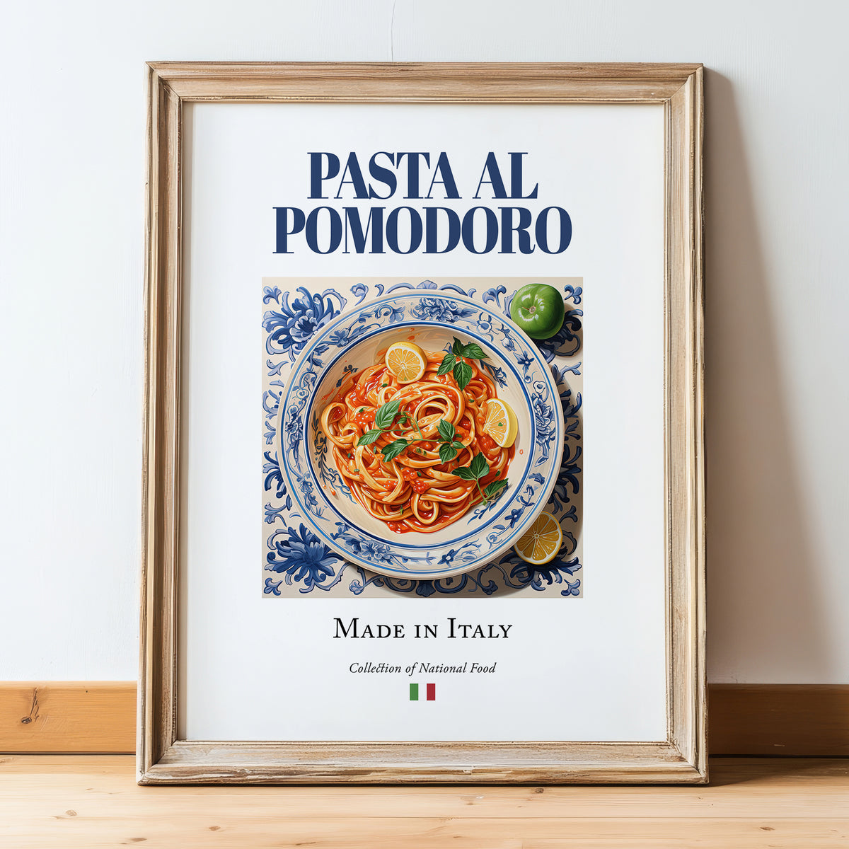 Pasta al pomodoro – Italian Pasta, Restaurant Wall Art, in wooden frame leaning on the floor