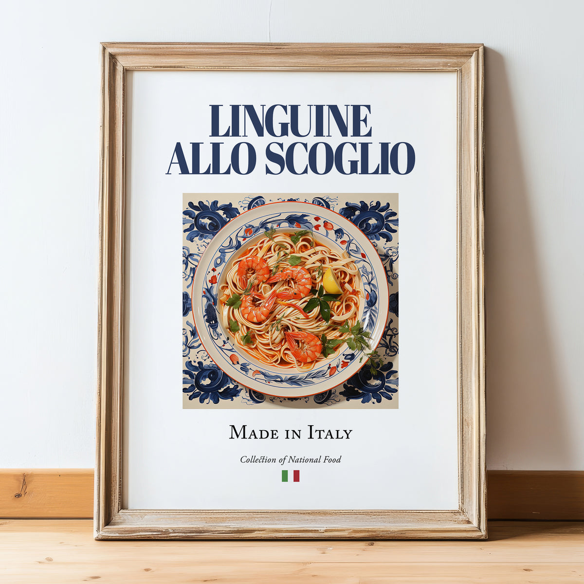Linguine allo scoglio – Italian Pasta, Ristorante Illustration, in wooden frame leaning on the floor