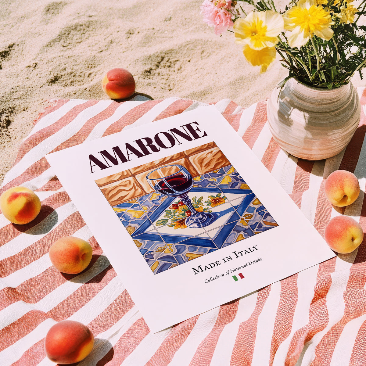 Amarone – Italian Red Wine, Wine Bar Illustration, unframed on coastal sand