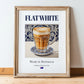 Flat White – Australian Coffee, Street Café Print, in wooden frame leaning on the floor