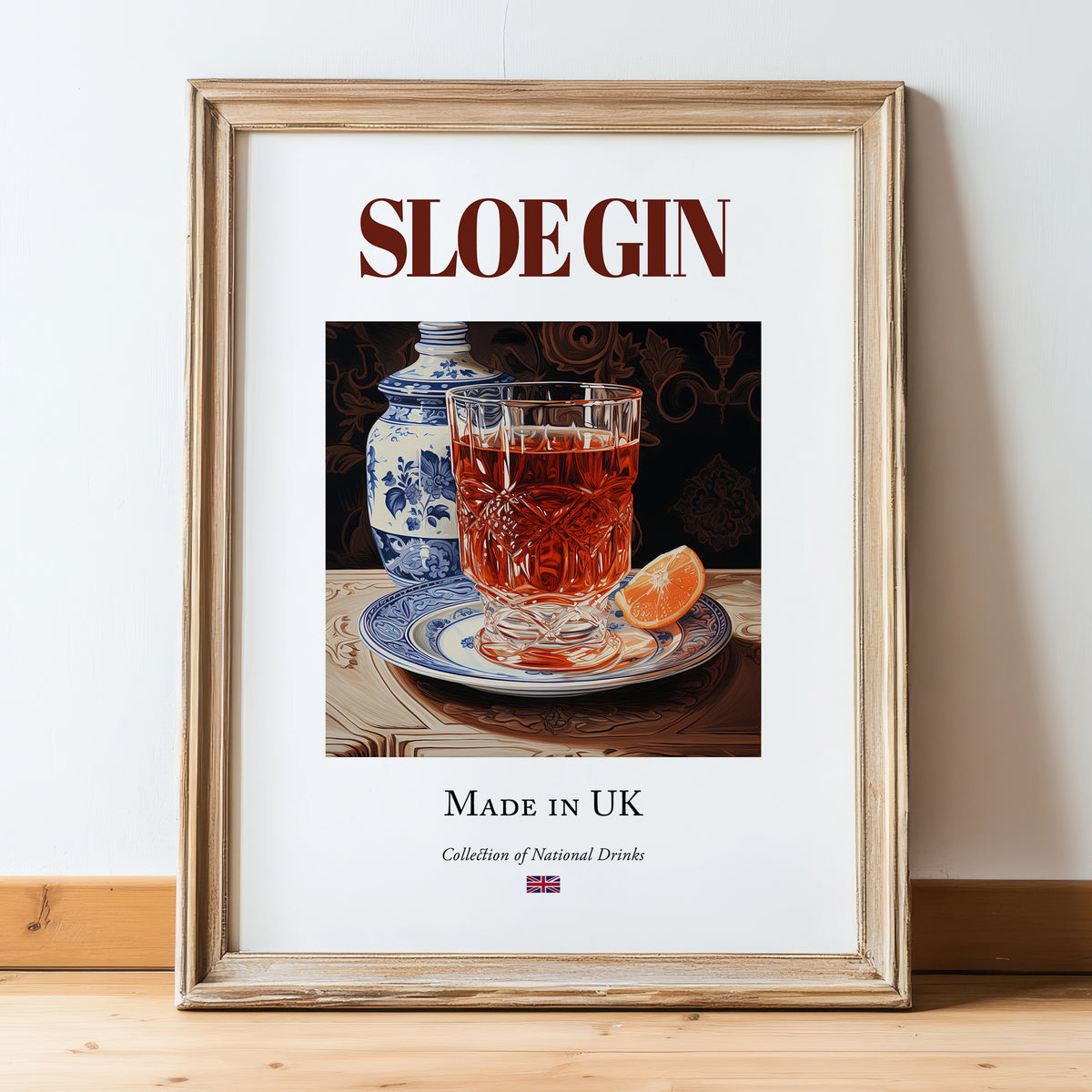 Sloe Gin – English Spirit Drink, Sky Bar Poster, in wooden frame leaning on the floor