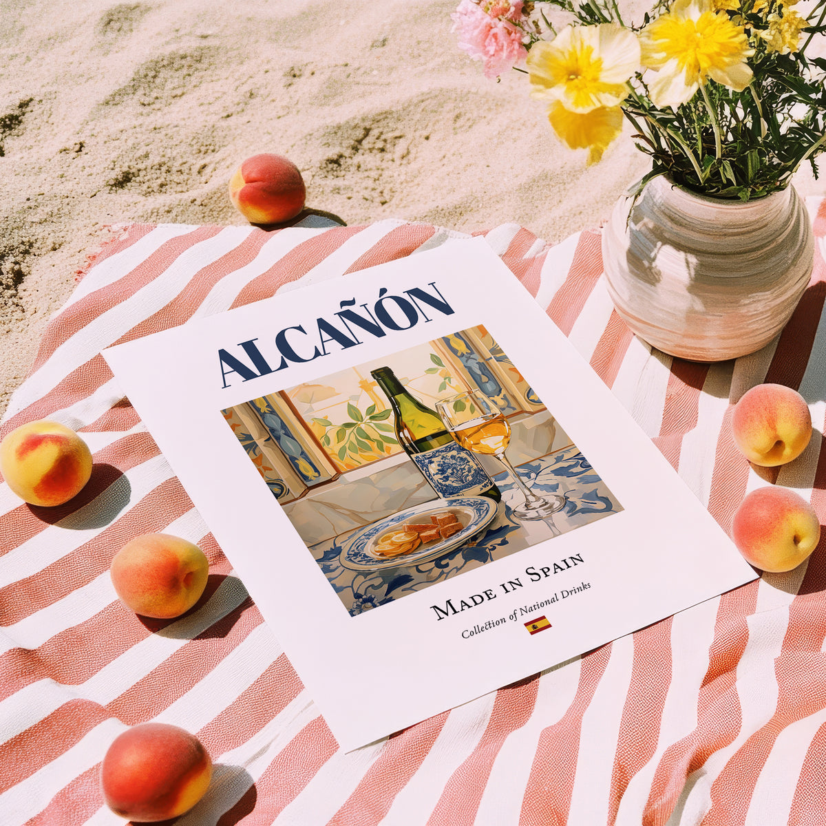 Alcañón – Spanish White Wine, Bodega Wall Art, unframed on coastal sand