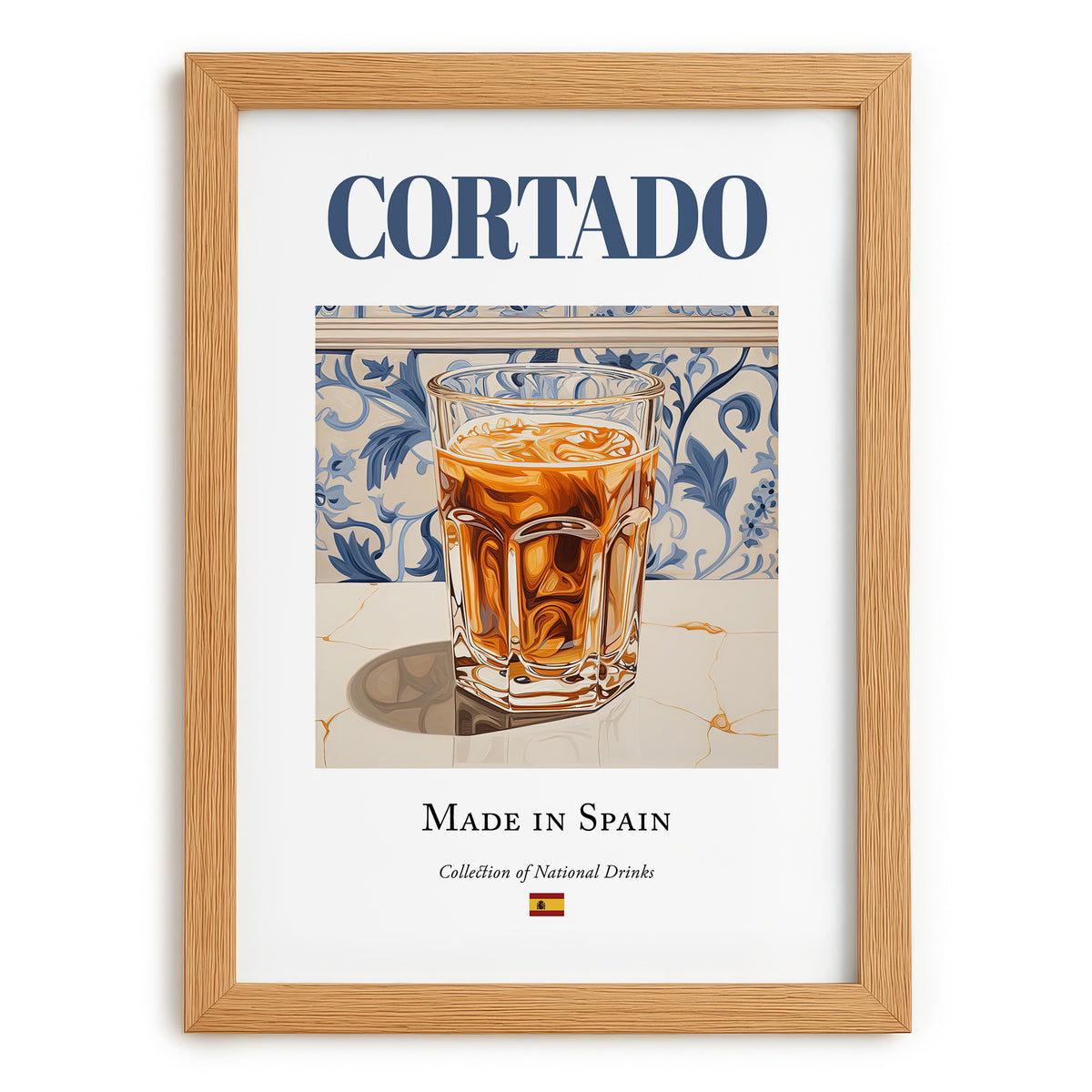 Cortado – Spanish Coffee, Espresso Bar Print, set in oak frame
