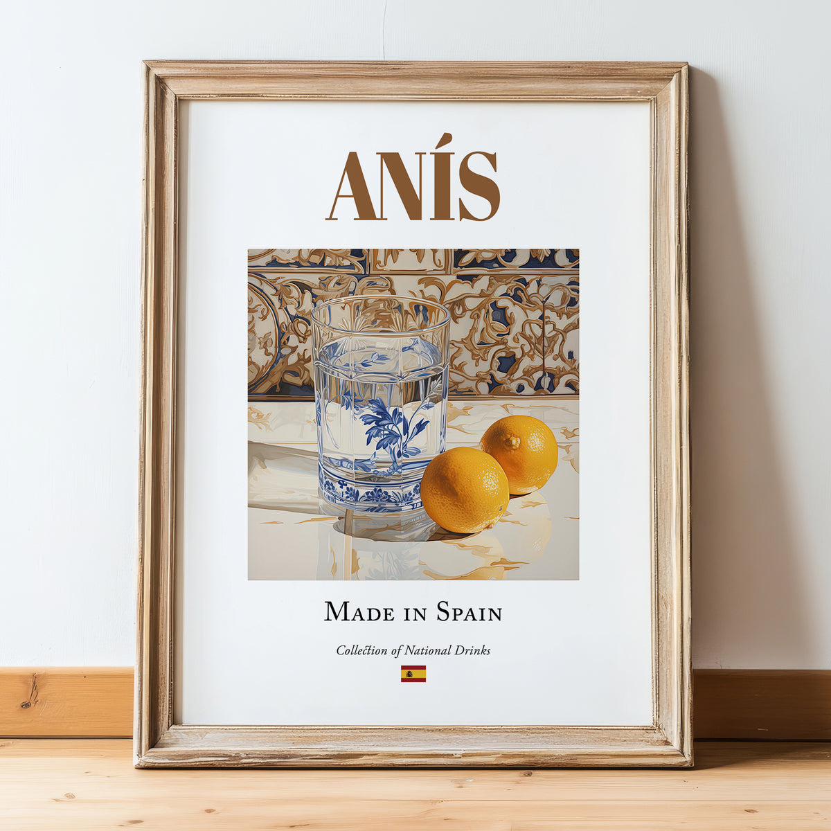 Anís – Spanish Spirit Drink, Speakeasy Print, in wooden frame leaning on the floor