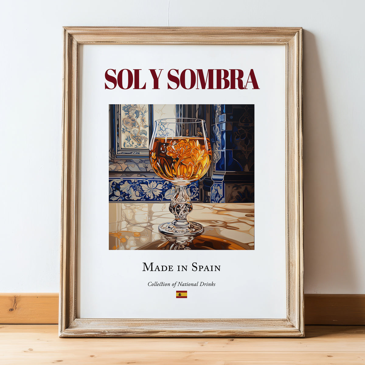 Sol y Sombra – Spanish Cocktail Drink, Cocktail Lounge Wall Art, in wooden frame leaning on the floor